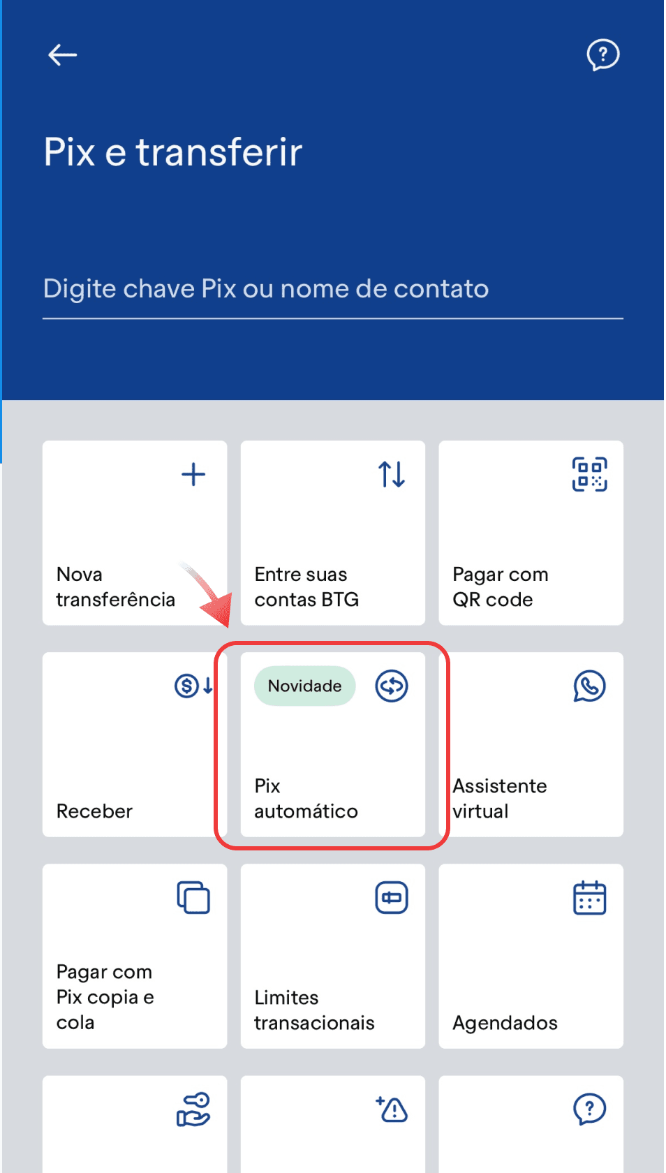 Exemplo da tela Pix Automático no app do banco
